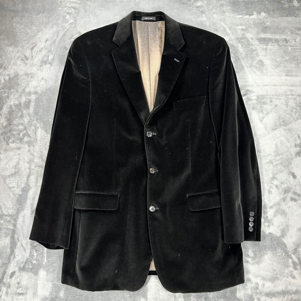 Calvin Klein Mens Black Cotton Velvet 3 Button Blazer Sport Coat 43L Paisley